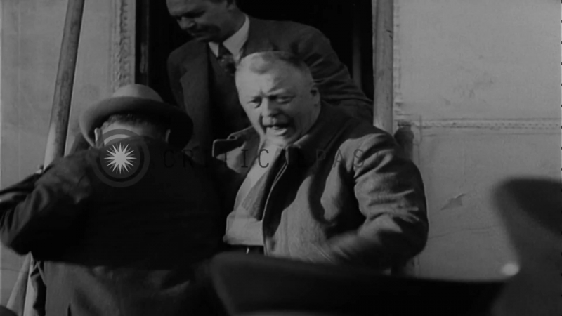 Hugo eckener and officials exit from lz 127 graf zeppelin in friedrichshafen, ger hd stock footage