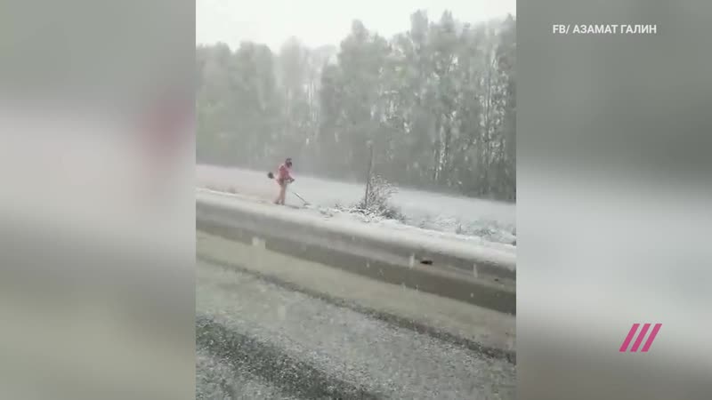 Башкирские коммунальщики вышли на покос травы в снегопад
