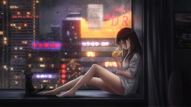 Котик, дождь, окно и кружка пива на ночь / cat, rain, window and a mug of beer at night / ビール
