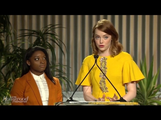 Emma stone simone biles surprise 3 girls with scholarships at women in entertainment 2016 thr