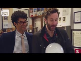 Chris o'dowd pretending to drop a snowglobe then dropping it