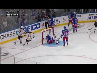 Patrice bergeron scores after david pastrnak runs into henrik lundqvist