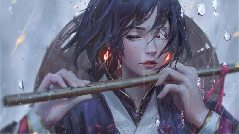 Girl with flute in rain anime