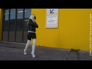 Dana labo walking in white pvc shiny boots overknee high heels, leather jacket