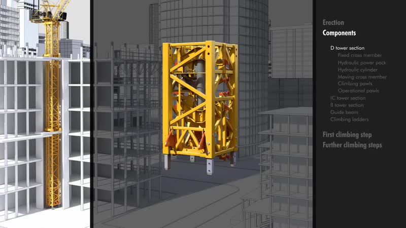 Liebherr tower cranes climbing inside buildings