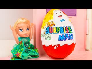 Funny baby doll elsa and anna toddlers kitchen play, surprise egg