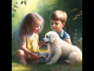 A boy and a girl are playing with a puppy, the sun is shining, the porn are happy, in the style of a polaroid film still, ex