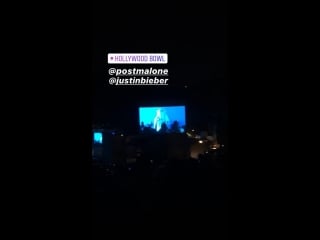June 28 justin on stage with post malone preforming deja vu in los angeles, california