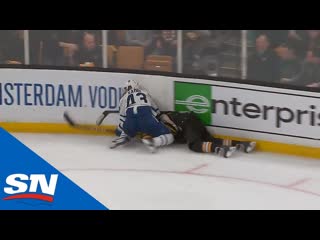 Nazem kadri ejected for cross checking jake debrusk after hit on patrick marleau