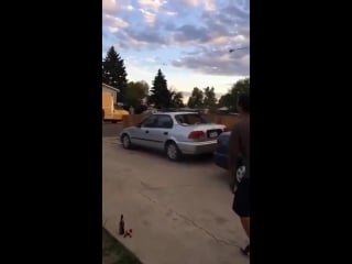 Wheel gets launched by airbags and smashes car window