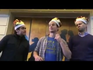 Groff, brian d'arcy james and andrew rannells as “the schuyler sisters” with goldsberry as burr in this lip sync bonanza