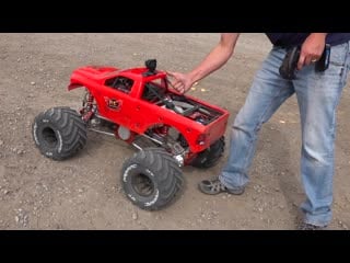 Man and his giant toy mega truck! gas power 49cc engine 80lb raminator rc adventures rc models