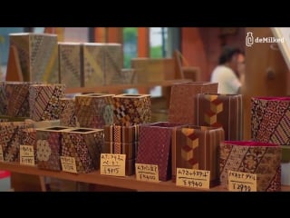 Japanese yosegi art made by gluing colored wood and cutting it thin like paper