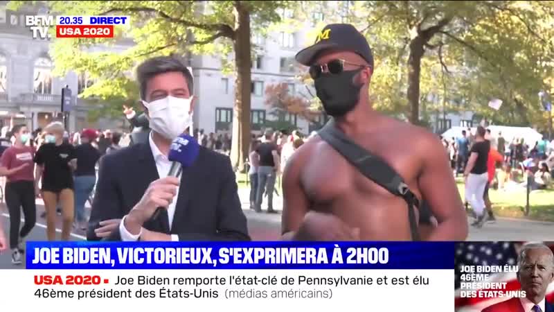 Негр издевается над французским языком французского репортера, который сообщает о победе байдена