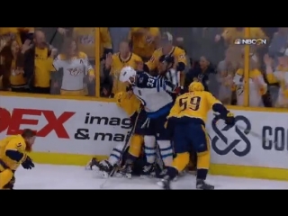 Dustin byfuglien is a monster handling a predator with each arm