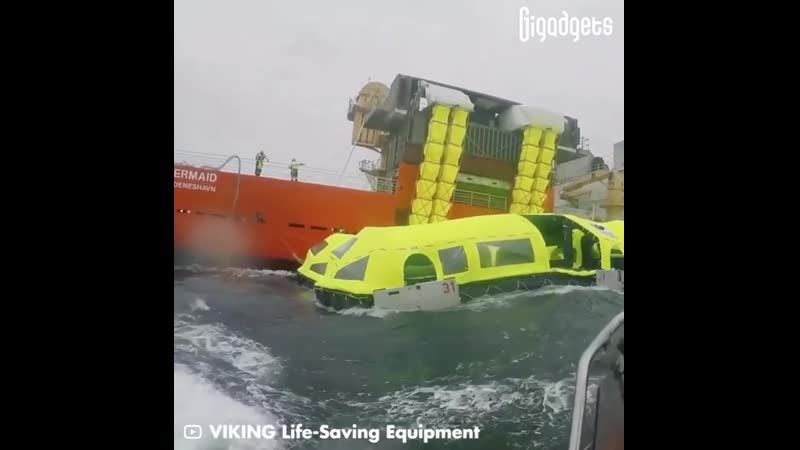 This evacuation system can save 800 people from a sinking ship the viking lifecraft looks like a life raft and lifeboat in one