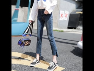 Ctrlcity 2018 slim tassel irregular leg jeans high waist pants stretch straight jeans ankle length bleached jeans8905