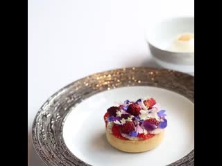 Almost too pretty to eat ! strawberry tart with wild flower honey and crème fraîche sorbet at @petrusrestaurant