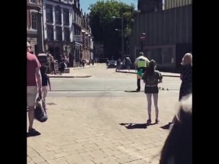 "police officer helps mama duck and her ducklings cross tram line" 😊🦆