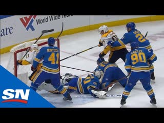 Robert bortuzzo levels viktor arvidsson from behind with dangerous looking cross