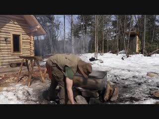 Log cabin wilderness homestead, maple syrup, wild edibles, primitive skills