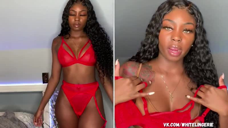 Kyra oriana red lingerie try on bra garter belt sexy hot ebony black girl красное нижнее белье негритянка секси мулатка черная