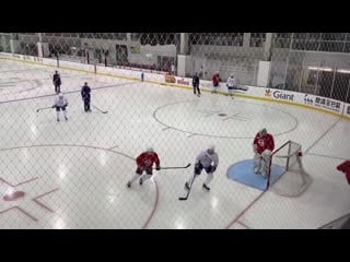 Defensive prospect alex alexeyev (#27) on the ice for the first time during training camp