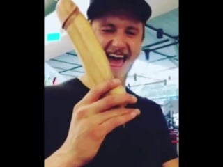 Alexander ludwig (викинги) i snuck a wooden penish shapped bottle opener into @ kristydawndinsmore bag with a bottle of water