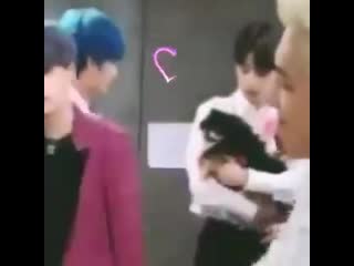 Jungkook bouncing yeontan in his arms like a baby and taehyung caressing him taekooktan is
