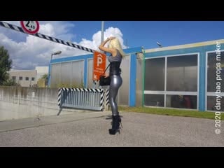 Dana labo blonde girl walk in pvc leggings, leather corset and shiny boots(6)