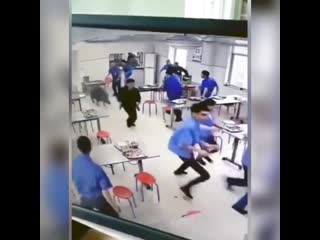 Chinese work dining in a factory canteen then suddenly fleeing as a wild boar came running into it