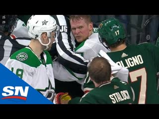 Alex stalock gives corey perry a piece of his mind after knee to head