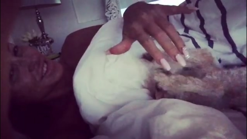 Aubrey black нежится в постельке со своим песиком