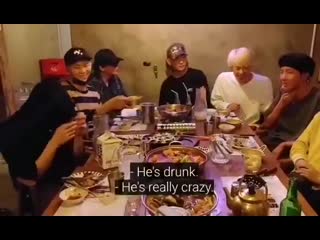 The amount of things happening in this video hoseoks drunk voice cracking taehyungs shady glance namjoon sipping the alch