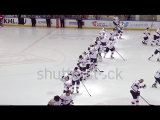 Stock footage moscow russia november slovan team on himn on hockey game spartak vs slovan on russian