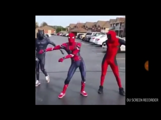 Spider man and deadpool and black panther doing dance