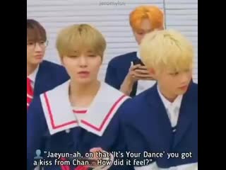 When jaeyun got a kiss on the cheek from chan and described the feeling of it as a moist pork neck beef mp4