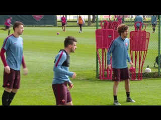 Alessandro florenzi enjoys a little victory during a training drill in trigoria