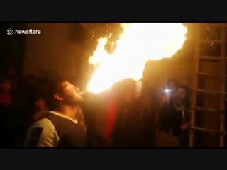 Crazy news now ( mass media & video) shocking video as amateur firebreather suffers terrifying blowback