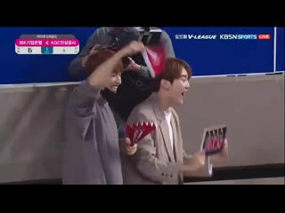 Dk and seungkwan supporting their fave volleyball team !!