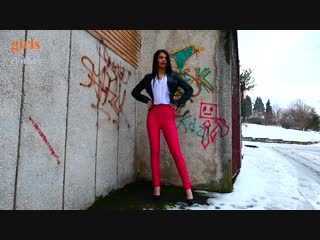 Red leather pants and blue stiletto
