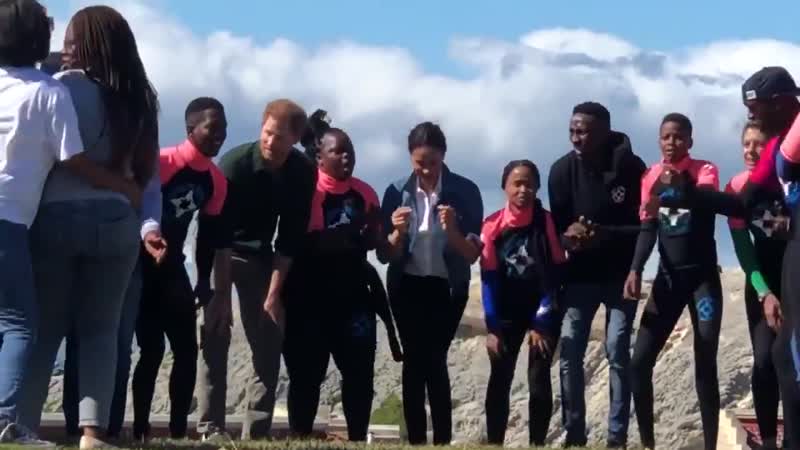 More dancing duchess! harry and meghan get moving with surfers from @wavesforchange royalv