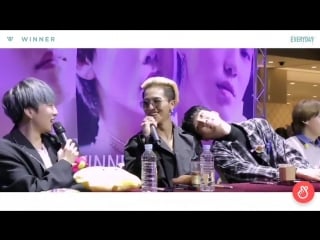 Mino trying to speak using busan dialect, yoon laughs and theres hoon casually leaning his head on minos shoulder with that expr