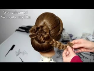 Wedding prom hairstyle for long hair, updo tutorial with braided flowers