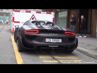 Matte black porsche 918 spyder with weissach package in zürich startup revs!