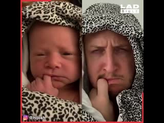 Guy copies his babys milk drunk faces
