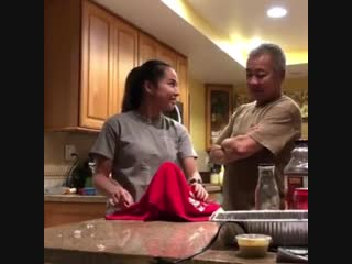 Dad is fooled by water bottle magic trick