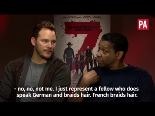 Watch denzel washington hijack an interview and chris pratt plait a reporter’s hair