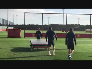 Video shaw and matic playing foot tennis at carrington