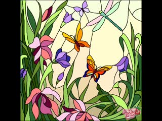 Coloring витраж лиловые ирисы, бабочки и стрекоза / purple irises, butterflies and dragonfly